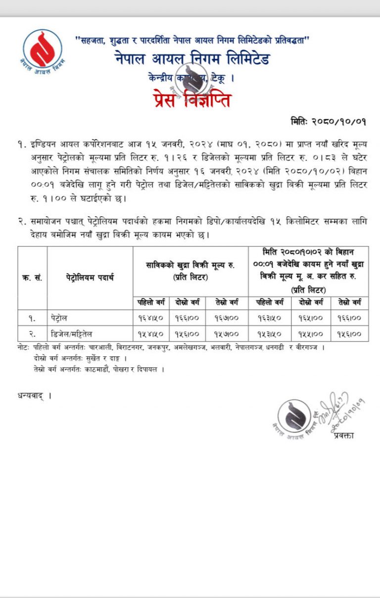 पेट्रोलियम पदार्थको मूल्य घट्यो